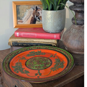 Vintage Spanish Pedestal Platter Hand Painted Raised Relief Pottery Folk Art